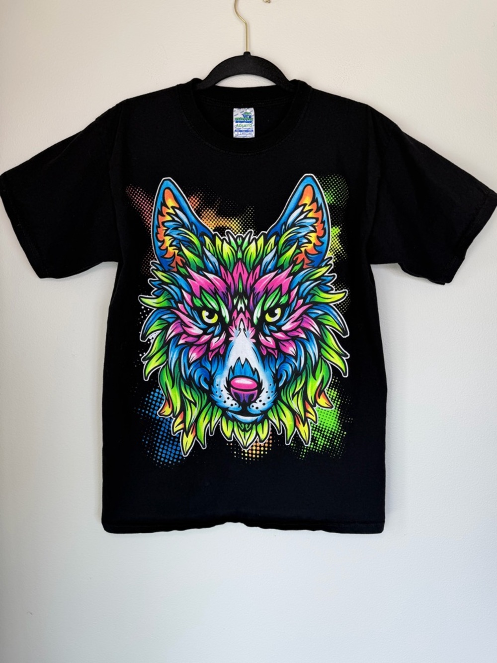 Vintage Thessh Neon Graphic Wolf T-shirt Rave Festival Short Sleeve